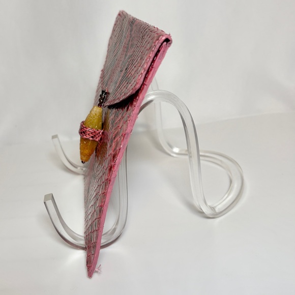 Beth Levine New York Pink Black Snakeskin Python Designer Envelope Clutch